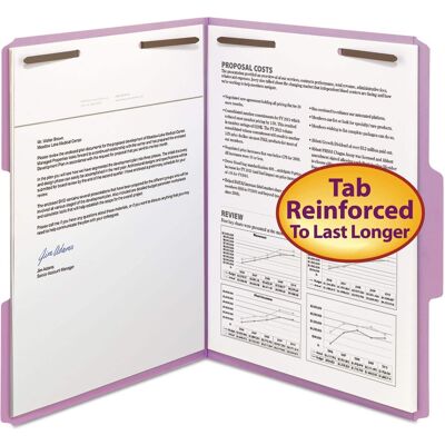 Smead Manufacturing - Top Tab Colored Fastener Folders, 0.75" Expansion, 2 Fasteners, Letter Size, Lavender Exterior, 50/Box Smead Manufacturing - Top Tab Colored Fastener Folders, 0.75" Expansion, 2 Fasteners, Letter Size, Lavender Exterior, 50/Box