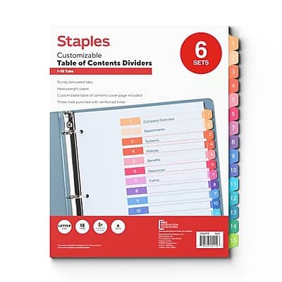 Staples - Customizable Table of Contents Numeric Dividers, 15-Tabs, 6 Sets - Multicolor Staples - Customizable Table of Contents Numeric Dividers, 15-Tabs, 6 Sets - Multicolor