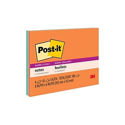 Post-it - Super Sticky Notes, 8" x 6", Energy Boost Collection, 45 Sheet/Pad, 4 Pads/Pack - Blue/Orange/Pink/Yellow/Lime Post-it - Super Sticky Notes, 8" x 6", Energy Boost Collection, 45 Sheet/Pad, 4 Pads/Pack - Blue/Orange/Pink/Yellow/Lime