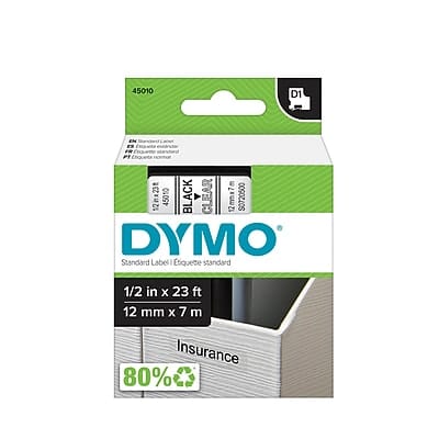 Dymo - D1 Standard 45010 Label Maker Tape, 1/2" x 23' - Black on Clear Dymo - D1 Standard 45010 Label Maker Tape, 1/2" x 23' - Black on Clear