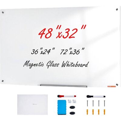 VEVOR - Magnetic Glass Whiteboard, Dry Erase Board 48"x32", Wall-Mounted Large Glassboard Frameless - White VEVOR - Magnetic Glass Whiteboard, Dry Erase Board 48"x32", Wall-Mounted Large Glassboard Frameless - White