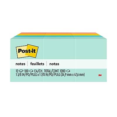 Post-it - Notes, 1 3/8" x 1 7/8", Beachside Café Collection, 100 Sheet/Pad, 12 Pads/Pack - Fresh Mint, Aqua Splash, Sunnyside, Papaya Fizz. Post-it - Notes, 1 3/8" x 1 7/8", Beachside Café Collection, 100 Sheet/Pad, 12 Pads/Pack - Fresh Mint, Aqua Splash, Sunnyside, Papaya Fizz.