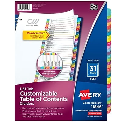 Avery - Ready Index Table of Contents Paper Dividers, 1-31 Tabs, Contemporary - Multicolor Avery - Ready Index Table of Contents Paper Dividers, 1-31 Tabs, Contemporary - Multicolor