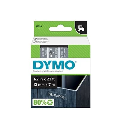Dymo - D1 Standard Label Maker Tape, 1/2" x 23' - White on Clear Dymo - D1 Standard Label Maker Tape, 1/2" x 23' - White on Clear