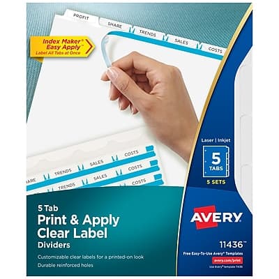 Avery - IndexMaker Print & Apply Label Dividers, 5-Tab, Clear, 5/Pack - White Avery - IndexMaker Print & Apply Label Dividers, 5-Tab, Clear, 5/Pack - White