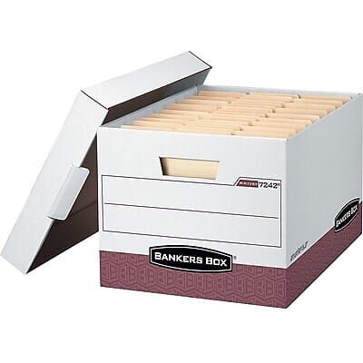 Bankers Box - R-Kive Heavy-Duty FastFold File Storage Boxes, Lift-Off Lid, Letter/Legal Size/Red, 12/Carton - White and Red Bankers Box - R-Kive Heavy-Duty FastFold File Storage Boxes, Lift-Off Lid, Letter/Legal Size/Red, 12/Carton - White and Red