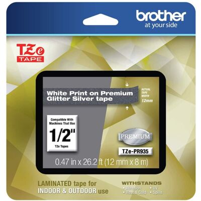 Brother - TZEPR935 0.47 in. x 26.2 ft. TZe Premium Laminated Tape - White on - Silver Brother - TZEPR935 0.47 in. x 26.2 ft. TZe Premium Laminated Tape - White on - Silver