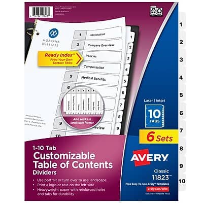 Avery - Ready Index Table of Contents Paper Dividers, 1-10 Tabs, 6 Sets/Pack - White Avery - Ready Index Table of Contents Paper Dividers, 1-10 Tabs, 6 Sets/Pack - White