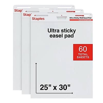 Staples - Ultra Sticky Wall Easel Pad, 25" x 30", 20 Sheets/Pad, 3 Pads/Pack - White Staples - Ultra Sticky Wall Easel Pad, 25" x 30", 20 Sheets/Pad, 3 Pads/Pack - White