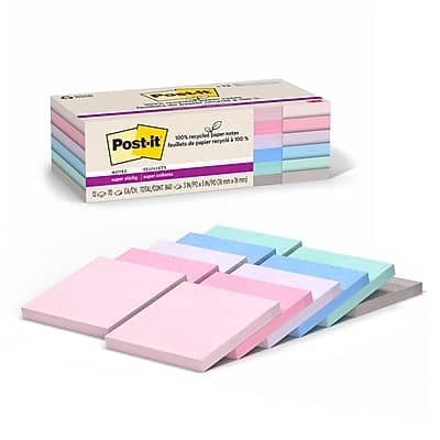 Post-it - Recycled Super Sticky Notes, 3" x 3", Wanderlust Pastels Collection, 70 Sheets/Pad, 12 Pads/Pack - Assorted Post-it - Recycled Super Sticky Notes, 3" x 3", Wanderlust Pastels Collection, 70 Sheets/Pad, 12 Pads/Pack - Assorted