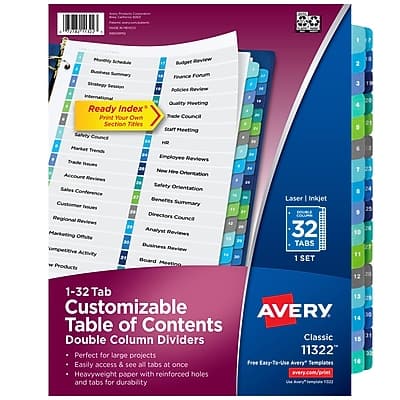 Avery - Ready Index Table of Contents Double Column Paper Dividers, 1-32 Tabs, Multicolor - Assorted Avery - Ready Index Table of Contents Double Column Paper Dividers, 1-32 Tabs, Multicolor - Assorted