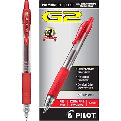 Pilot - G2 Retractable Gel Pens, Extra Fine Point, Dozen - Red Ink Pilot - G2 Retractable Gel Pens, Extra Fine Point, Dozen - Red Ink