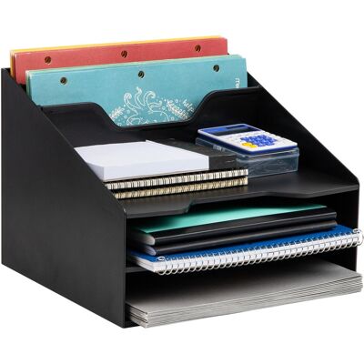 Mind Reader - 3-Tier Desktop Organizer with 5 Compartments, Plastic File Holder for Office, Kitchen, or Home - Black Mind Reader - 3-Tier Desktop Organizer with 5 Compartments, Plastic File Holder for Office, Kitchen, or Home - Black