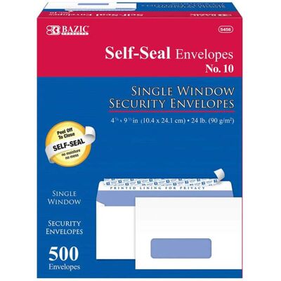 BAZIC Products - Self-Seal Security Single Window Envelopes, #10, Box of 500 BAZIC Products - Self-Seal Security Single Window Envelopes, #10, Box of 500