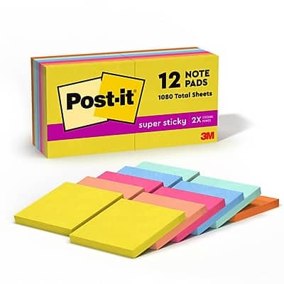 Post-it - Super Sticky Notes, 3" x 3", Summer Joy Collection, 90 Sheets/Pad, 12 Pads/Pack - Assorted Post-it - Super Sticky Notes, 3" x 3", Summer Joy Collection, 90 Sheets/Pad, 12 Pads/Pack - Assorted