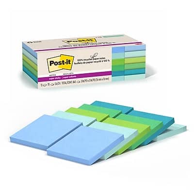 Post-it - Recycled Super Sticky Notes, 3" x 3", Oasis Collection, 70 Sheets/Pad, 12 Pads/Pack - Assorted Post-it - Recycled Super Sticky Notes, 3" x 3", Oasis Collection, 70 Sheets/Pad, 12 Pads/Pack - Assorted
