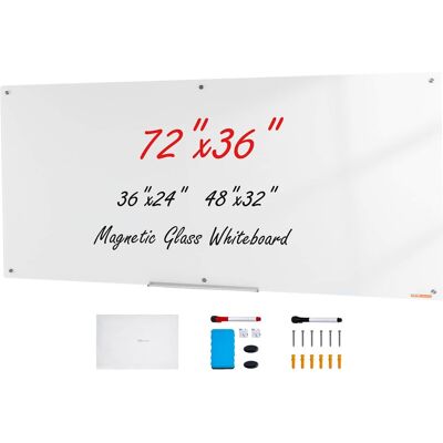 VEVOR - Magnetic Glass Whiteboard, Dry Erase Board 72"x36", Wall-Mounted Large Glassboard Frameless - White VEVOR - Magnetic Glass Whiteboard, Dry Erase Board 72"x36", Wall-Mounted Large Glassboard Frameless - White