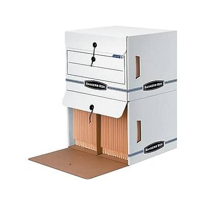 Bankers Box - Side-Tab Drop-Front Corrugated File Storage Boxes, String & Button, Letter Size/Blue, 12/Carton - White and Blue Bankers Box - Side-Tab Drop-Front Corrugated File Storage Boxes, String & Button, Letter Size/Blue, 12/Carton - White and Blue