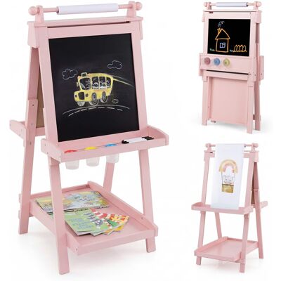 Costway - 3-In-1 Kids Art Easel with Magnetic White Board, Chalkboard, Paper Roll & Holder - Pink Costway - 3-In-1 Kids Art Easel with Magnetic White Board, Chalkboard, Paper Roll & Holder - Pink