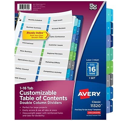 Avery - Ready Index Table of Contents Double Column Paper Dividers, 1-16 Tabs - Multicolor Avery - Ready Index Table of Contents Double Column Paper Dividers, 1-16 Tabs - Multicolor