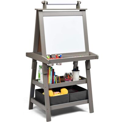 Costway - 3 in 1 Double-Sided Wooden Kid's Art Easel Whiteboard - Grey Costway - 3 in 1 Double-Sided Wooden Kid's Art Easel Whiteboard - Grey