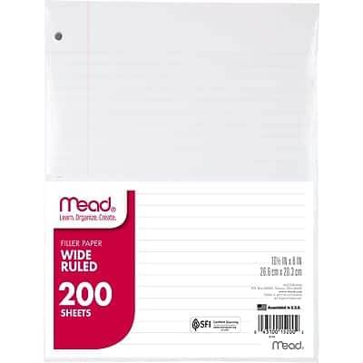 Mead - Wide Ruled Filler Paper, 8" x 10.5", 3-Hole Punched, 200 Sheets/Pack - White Mead - Wide Ruled Filler Paper, 8" x 10.5", 3-Hole Punched, 200 Sheets/Pack - White