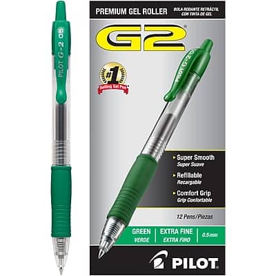 Pilot - G2 Retractable Gel Pens, Extra Fine Point, Dozen - Green Ink Pilot - G2 Retractable Gel Pens, Extra Fine Point, Dozen - Green Ink