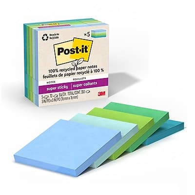 Post-it - Oasis Recycled Super Sticky Notes, 3" x 3", Oasis Collection, 70 Sheets/Pad, 5 Pads/Pack - Assorted Post-it - Oasis Recycled Super Sticky Notes, 3" x 3", Oasis Collection, 70 Sheets/Pad, 5 Pads/Pack - Assorted