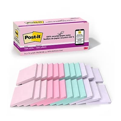 Post-it - Recycled Super Sticky Notes, 3" x 3", Wanderlust Pastels Collection, 70 Sheets/Pad, 24 Pads/Pack - Assorted Post-it - Recycled Super Sticky Notes, 3" x 3", Wanderlust Pastels Collection, 70 Sheets/Pad, 24 Pads/Pack - Assorted