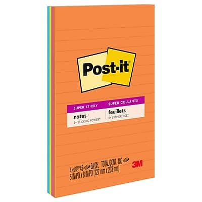 Post-it - Super Sticky Notes, 5" x 8", Energy Boost Collection, Lined, 45 Sheet/Pad, 4 Pads/Pack - Blue/Orange/Pink/Yellow/Lime Post-it - Super Sticky Notes, 5" x 8", Energy Boost Collection, Lined, 45 Sheet/Pad, 4 Pads/Pack - Blue/Orange/Pink/Yellow/Lime