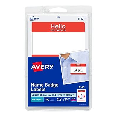 Avery - "Hello My Name Is" Name Badge Labels, 2 1/3" x 3 3/8", 100 Labels Per Pack - White with Red Hello Avery - "Hello My Name Is" Name Badge Labels, 2 1/3" x 3 3/8", 100 Labels Per Pack - White with Red Hello