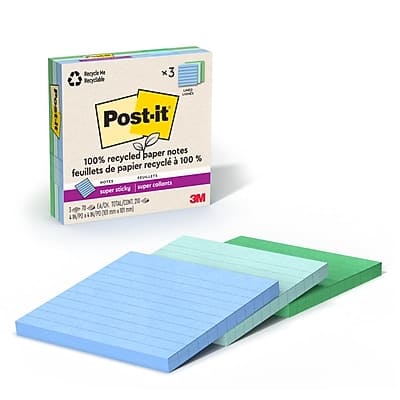 Post-it - Oasis Recycled Super Sticky Notes, 4" x 4", Oasis Collection, Lined, 70 Sheets/Pad, 3 Pads/Pack - Assorted Post-it - Oasis Recycled Super Sticky Notes, 4" x 4", Oasis Collection, Lined, 70 Sheets/Pad, 3 Pads/Pack - Assorted