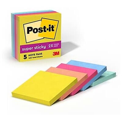 Post-it - Super Sticky Notes, 3" x 3", Summer Joy Collection, 90 Sheets/Pad, 5 Pads/Pack - Assorted Post-it - Super Sticky Notes, 3" x 3", Summer Joy Collection, 90 Sheets/Pad, 5 Pads/Pack - Assorted