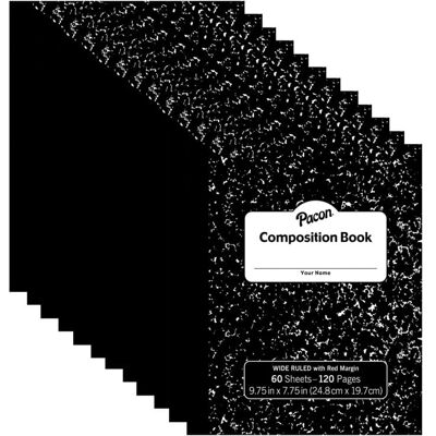 Pacon - Composition Book, Black Marble, 3/8" Ruled w/Margin, 9-3/4" x 7-3/4", 60 Sheets, Pack of 12 Pacon - Composition Book, Black Marble, 3/8" Ruled w/Margin, 9-3/4" x 7-3/4", 60 Sheets, Pack of 12