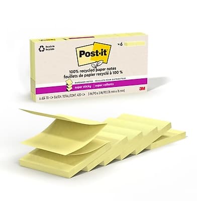 Post-it - Recycled Pop-up Super Sticky Notes, 3" x 3", Canary Collection, 70 Sheets/Pad, 6 Pads/Pack - Yellow Post-it - Recycled Pop-up Super Sticky Notes, 3" x 3", Canary Collection, 70 Sheets/Pad, 6 Pads/Pack - Yellow