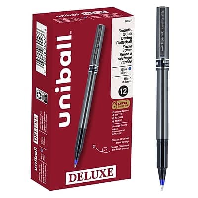 uni-ball - Deluxe Rollerball Pens, Micro Point, Blue Ink, 12/Pack - Gray/Silver uni-ball - Deluxe Rollerball Pens, Micro Point, Blue Ink, 12/Pack - Gray/Silver