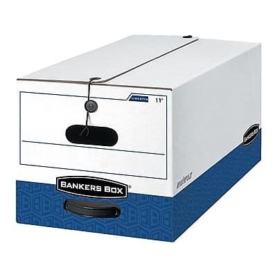 Bankers Box - Heavy-Duty Corrugated File Storage Boxes, String & Button, Legal Size/Blue, 4/Carton - White and Blue Bankers Box - Heavy-Duty Corrugated File Storage Boxes, String & Button, Legal Size/Blue, 4/Carton - White and Blue