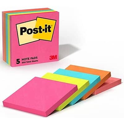 Post-it - Notes, 3" x 3", Poptimistic Collection, 100 Sheet/Pad, 5 Pads/Pack - Canary Yellow, Blue, Orange, Pink Post-it - Notes, 3" x 3", Poptimistic Collection, 100 Sheet/Pad, 5 Pads/Pack - Canary Yellow, Blue, Orange, Pink
