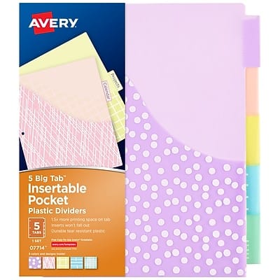 Avery - Big Tab Insertable Plastic Dividers with Pocket, 5 Tabs Pastel - Multicolor Avery - Big Tab Insertable Plastic Dividers with Pocket, 5 Tabs Pastel - Multicolor
