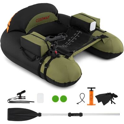 Costway - Inflatable Float Tube with Adjustable Fishing Rod Holder Fish Hook Stator Flippers - Black+Green Costway - Inflatable Float Tube with Adjustable Fishing Rod Holder Fish Hook Stator Flippers - Black+Green