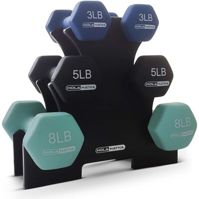 HolaHatha - 3, 5, and 8 Pound Dumbbell Hand Weight Set with Storage Rack, Multi - Blues HolaHatha - 3, 5, and 8 Pound Dumbbell Hand Weight Set with Storage Rack, Multi - Blues