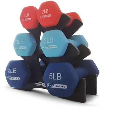 HolaHatha - 2, 3, & 5 Lb Neoprene Dumbbell Free Hand Weight Set w/ Rack, Red/Blue - Blue/Red HolaHatha - 2, 3, & 5 Lb Neoprene Dumbbell Free Hand Weight Set w/ Rack, Red/Blue - Blue/Red