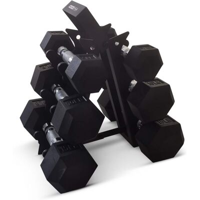 HolaHatha - Hexagonal Dumbbell Free Hand Weight Set w/Rack, 5, 10, & 15 Lbs - Black HolaHatha - Hexagonal Dumbbell Free Hand Weight Set w/Rack, 5, 10, & 15 Lbs - Black