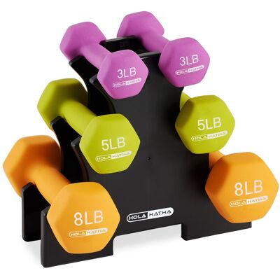 HolaHatha - 3, 5 and 8 Pound Neoprene Dumbbell Strength Training Weights Set Rack - Multicolor HolaHatha - 3, 5 and 8 Pound Neoprene Dumbbell Strength Training Weights Set Rack - Multicolor