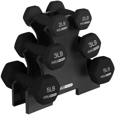 HolaHatha - 2, 3, and 5 Pound Neoprene Dumbbell Free Hand Weight Set w/Rack - Black HolaHatha - 2, 3, and 5 Pound Neoprene Dumbbell Free Hand Weight Set w/Rack - Black