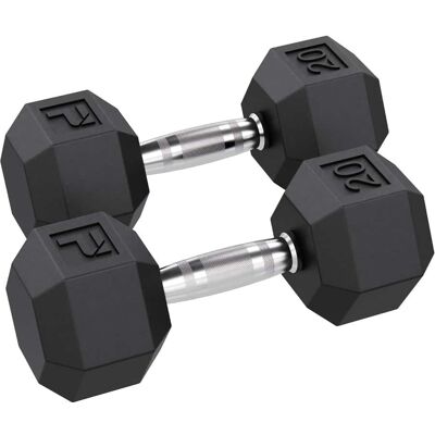 Power Systems - 20 lb Rubber Hex Dumbbells, Pair of Dumbbells w/Ergonomic Grip & Hexagonal Dead Design - Black Power Systems - 20 lb Rubber Hex Dumbbells, Pair of Dumbbells w/Ergonomic Grip & Hexagonal Dead Design - Black