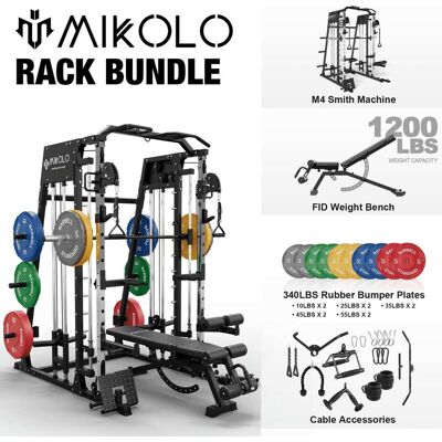 Mikolo - Smith Machine, 2200 lbs Power Rack Cage, Power Rack with 800LB Capacity Weight Bench and 340 lbs Weight Plate - Black Mikolo - Smith Machine, 2200 lbs Power Rack Cage, Power Rack with 800LB Capacity Weight Bench and 340 lbs Weight Plate - Black