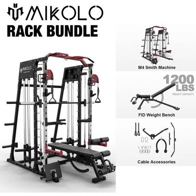 Mikolo - Smith Machine,2200 lbs Power Rack Cage with 800 lbs Weight Bench and Cable Crossover System, Weight Bar - Red Mikolo - Smith Machine,2200 lbs Power Rack Cage with 800 lbs Weight Bench and Cable Crossover System, Weight Bar - Red