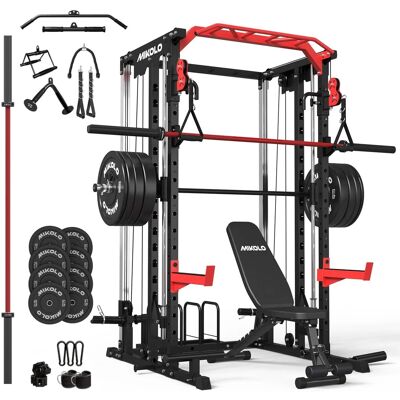 Mikolo - Smith Machine with 230LBS Weight Plates & Weight Bench & Barbell, 2000LBS Power Cage Squat Rack with Smith Bar - Red Mikolo - Smith Machine with 230LBS Weight Plates & Weight Bench & Barbell, 2000LBS Power Cage Squat Rack with Smith Bar - Red