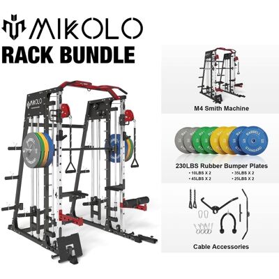 Mikolo - Smith Machine, 2200 lbs Power Rack Cage with Cable Crossover, Weight Bar, Barbell Holders and 230 lb Weight Plate - Red Mikolo - Smith Machine, 2200 lbs Power Rack Cage with Cable Crossover, Weight Bar, Barbell Holders and 230 lb Weight Plate - Red